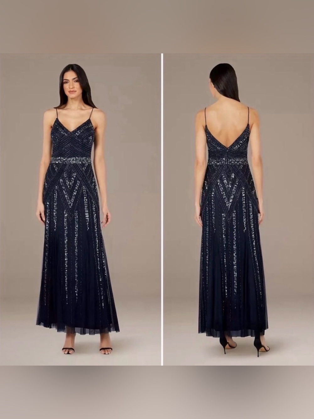 Lord & Taylor Jump Apparel Navy Blue Beaded Spaghetti-Strap Evening Gown